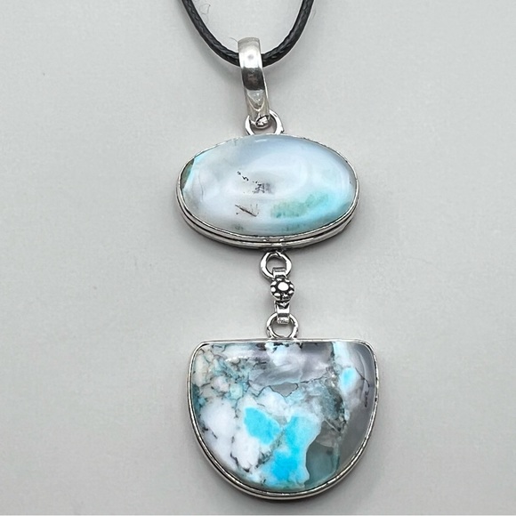 New Blue Enhanced Dendritic Opal Stone Silver Overlay Pendant Necklace w Cord - Picture 9 of 9